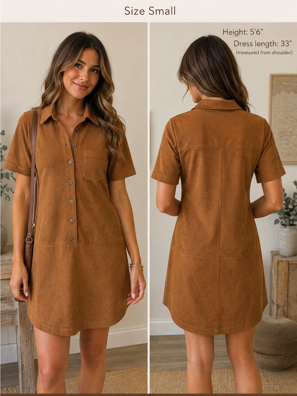 THML Brown Faux Suede Shirt Dress Size Small Button Front Short Sleeve
